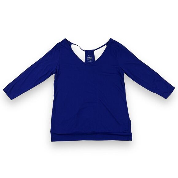 soho New York & Co Jeans WOMENS SMALL Blue 3/4 Sleeve Covered Strap-Back Top NEW - Picture 5 of 16